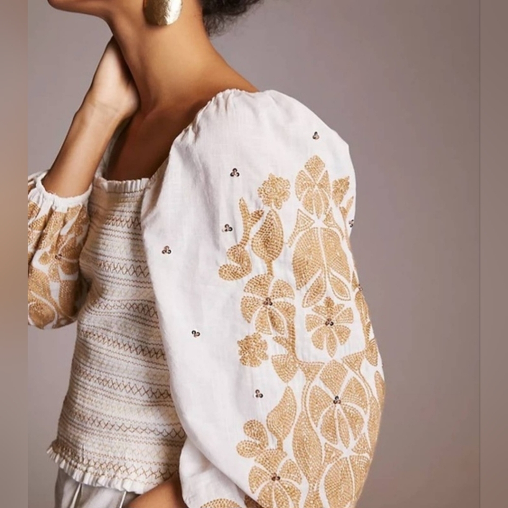 Anthropologie embroidered balloon sleeve top